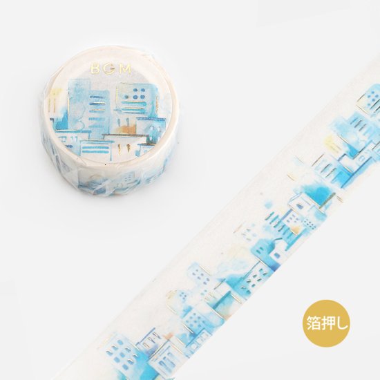 紙膠帶｜BGM｜水彩小鎮20mm燙金和紙紙膠帶【藍色都會】 - Geeky Geek Hong Kong